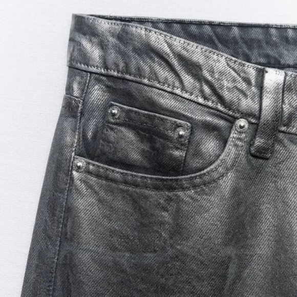 NWT ZARA MID WAIST STRAIGHT LEG FOIL JEANS BLACK - Picture 4 of 6